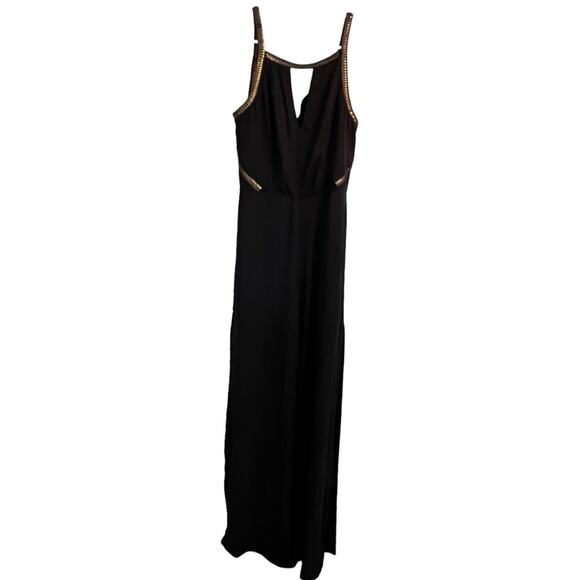 Long Black Halter Jumpsuit metallic gold caged bodice witchycore XS ELEGANT XS - Picture 1 of 6